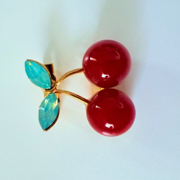 Red Enamel Cherry Brooch Pin Green Acrylic Gem Gold Tone Metal - Picture 12 of 14